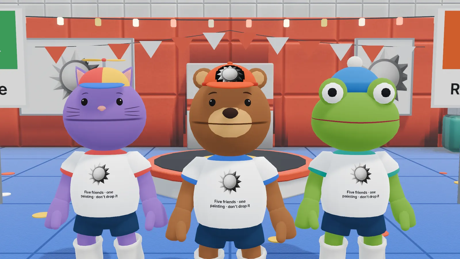 Summer のゲームのプレイヤー3人。おそろいのチームTシャツを着たネコ、クマ、カエル。