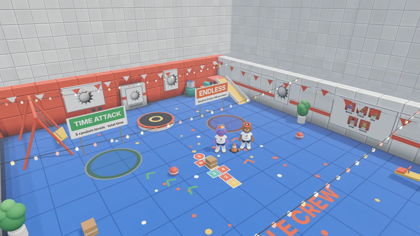 上から見たゲームのロビー。床にチーム名が描かれている。