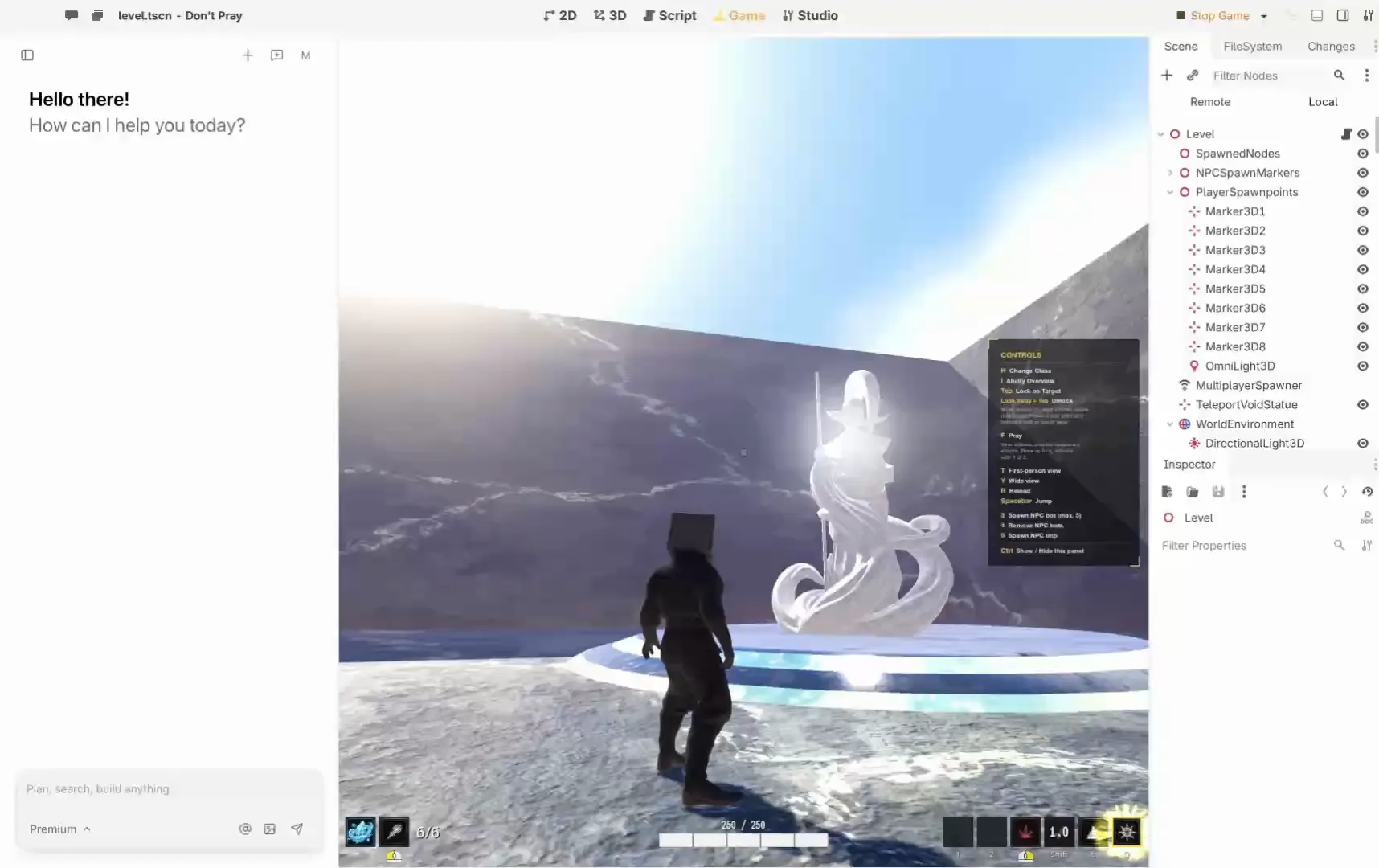 The Summer Engine editor with the AI chat on the left, a 3D game running in the middle, and the scene tree on the right.